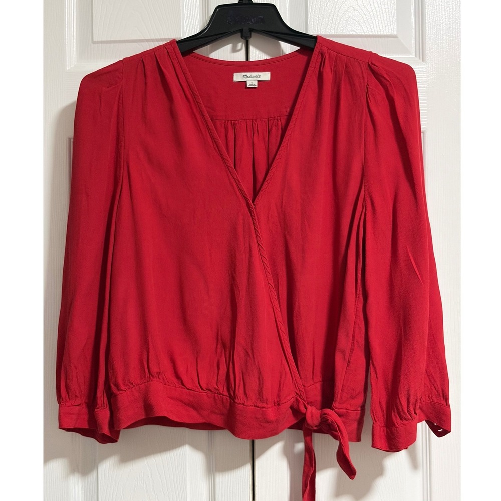 Madewell Red Wrap Tie Front Blouse V-Neck 3/4 Sleeve Top L9198 Size Large SU 19